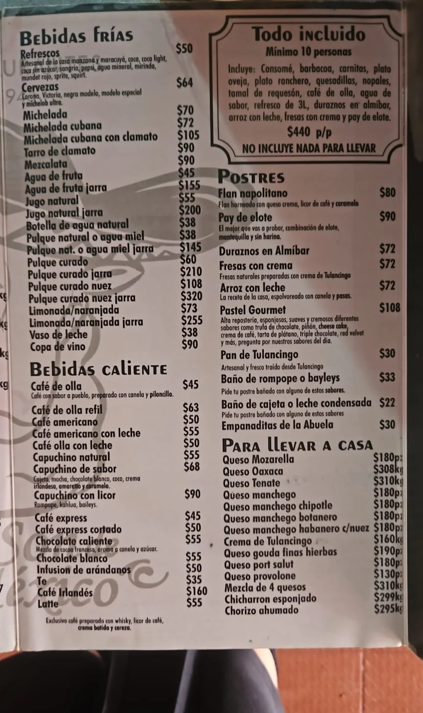 Página del menú: bebidas frías y calientes, todo incluido, postres y para llevar
